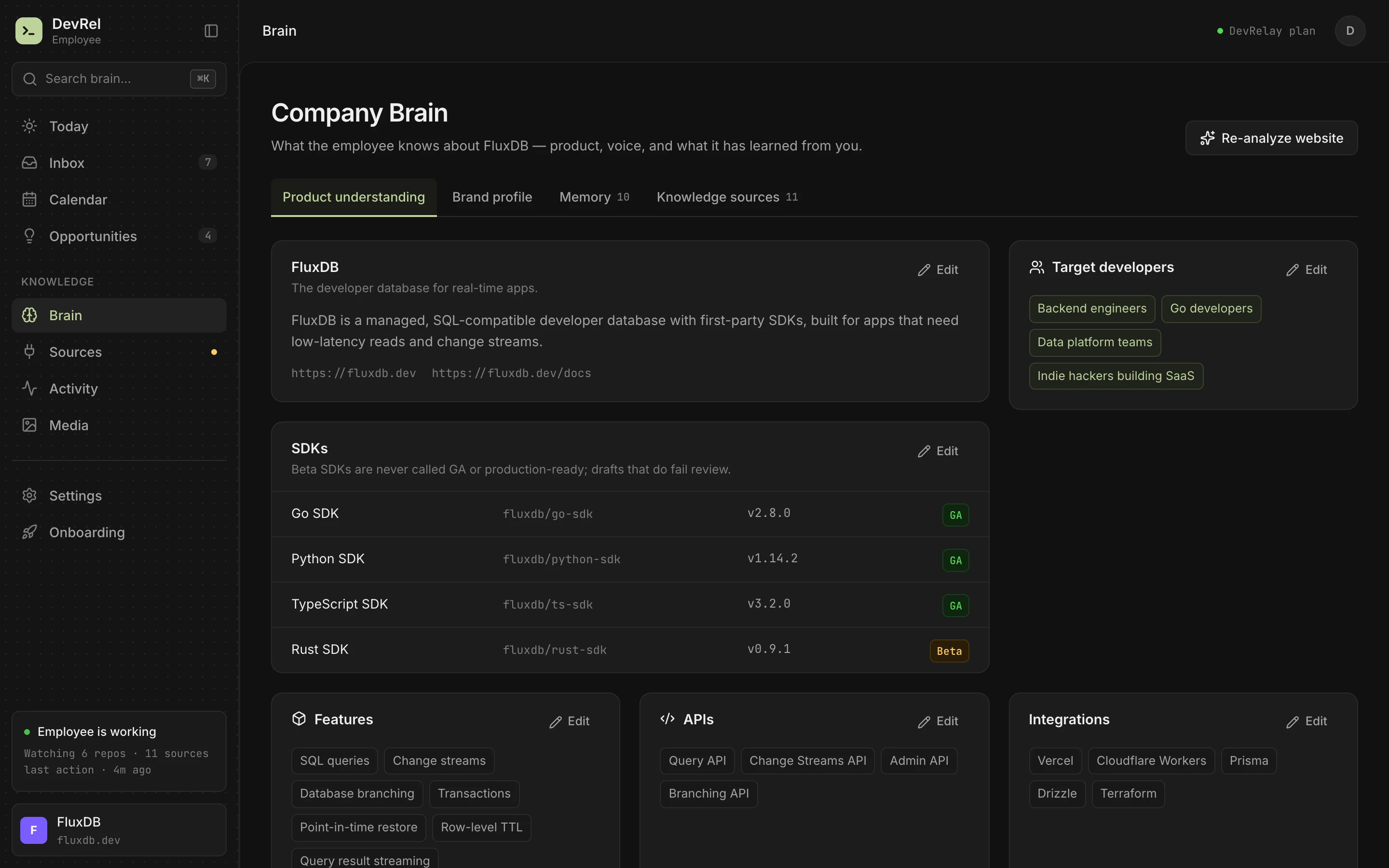 Company Brain: product summary, target developers, SDKs with GA or Beta status, features and APIs